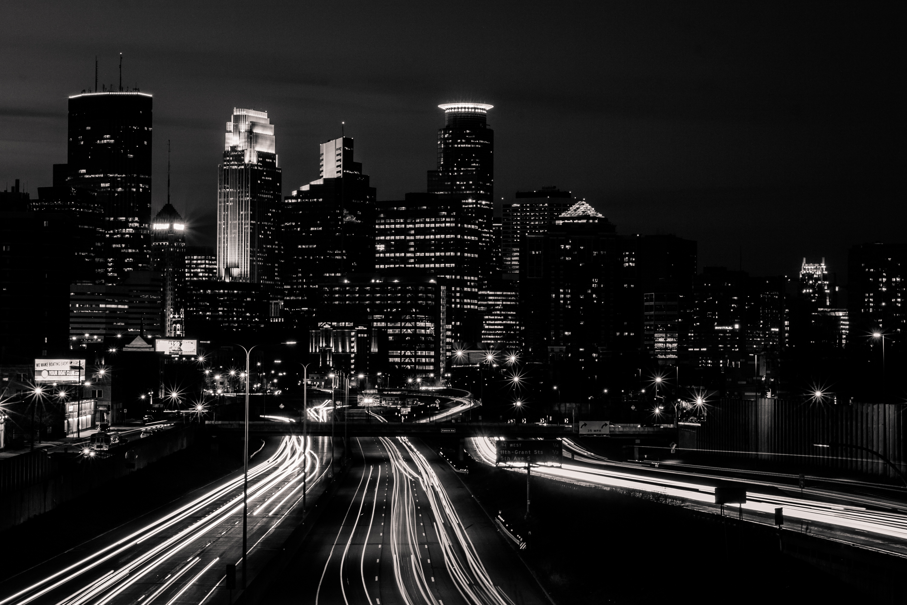 Downtown Minneapolis and its highways at night