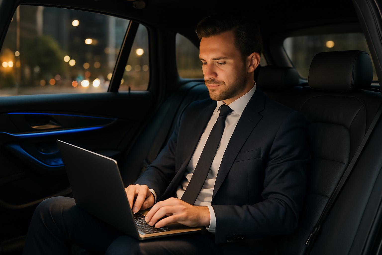 Executive working in back seat of SUV