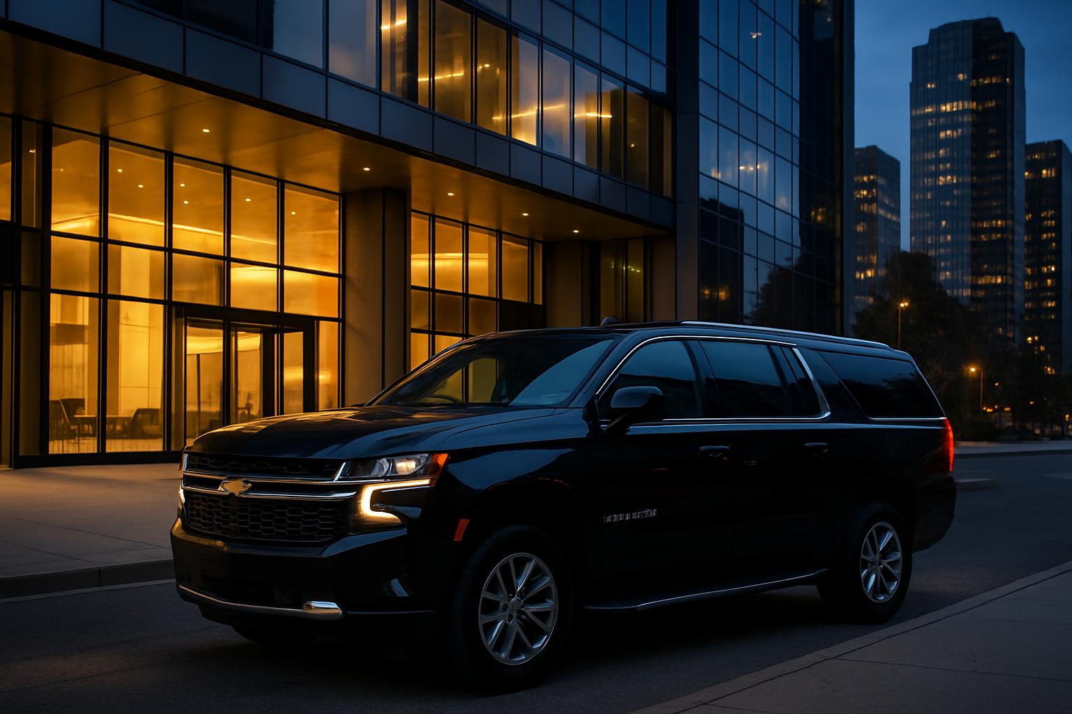 Black SUV outside corporate office building