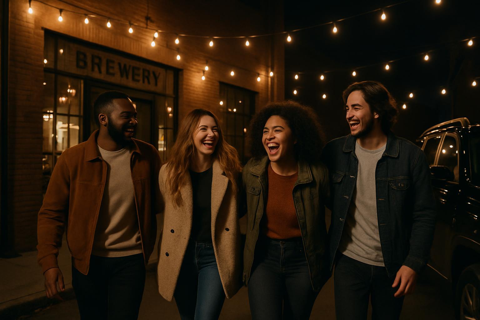 Friends heading to black SUV outside brewery