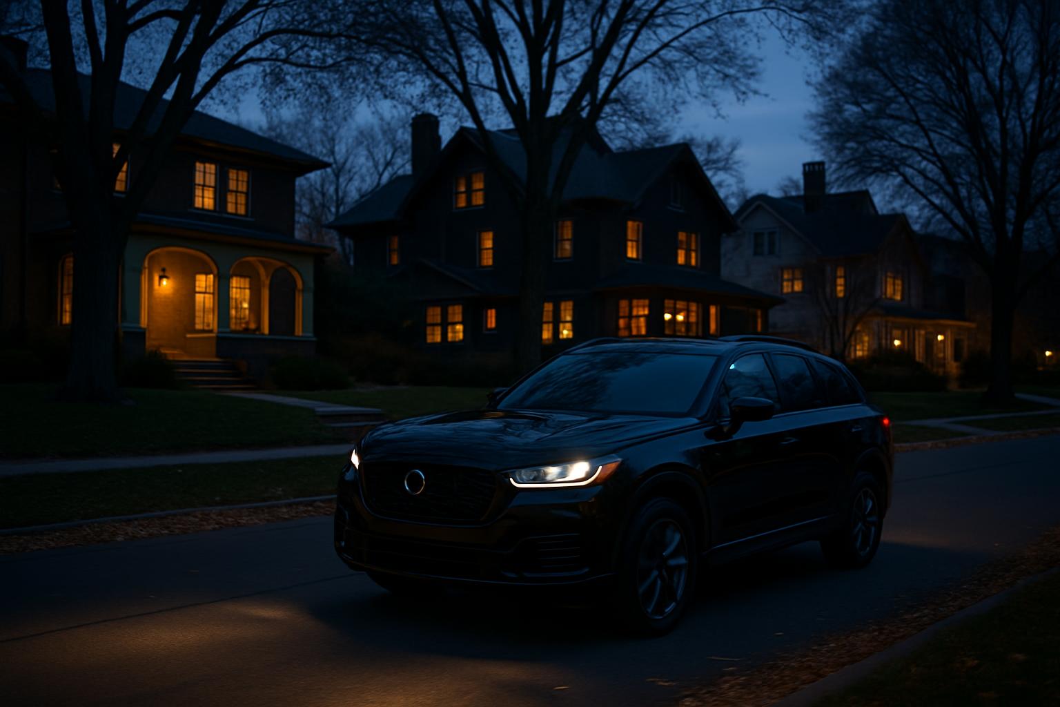 Black SUV driving through upscale neighborhood