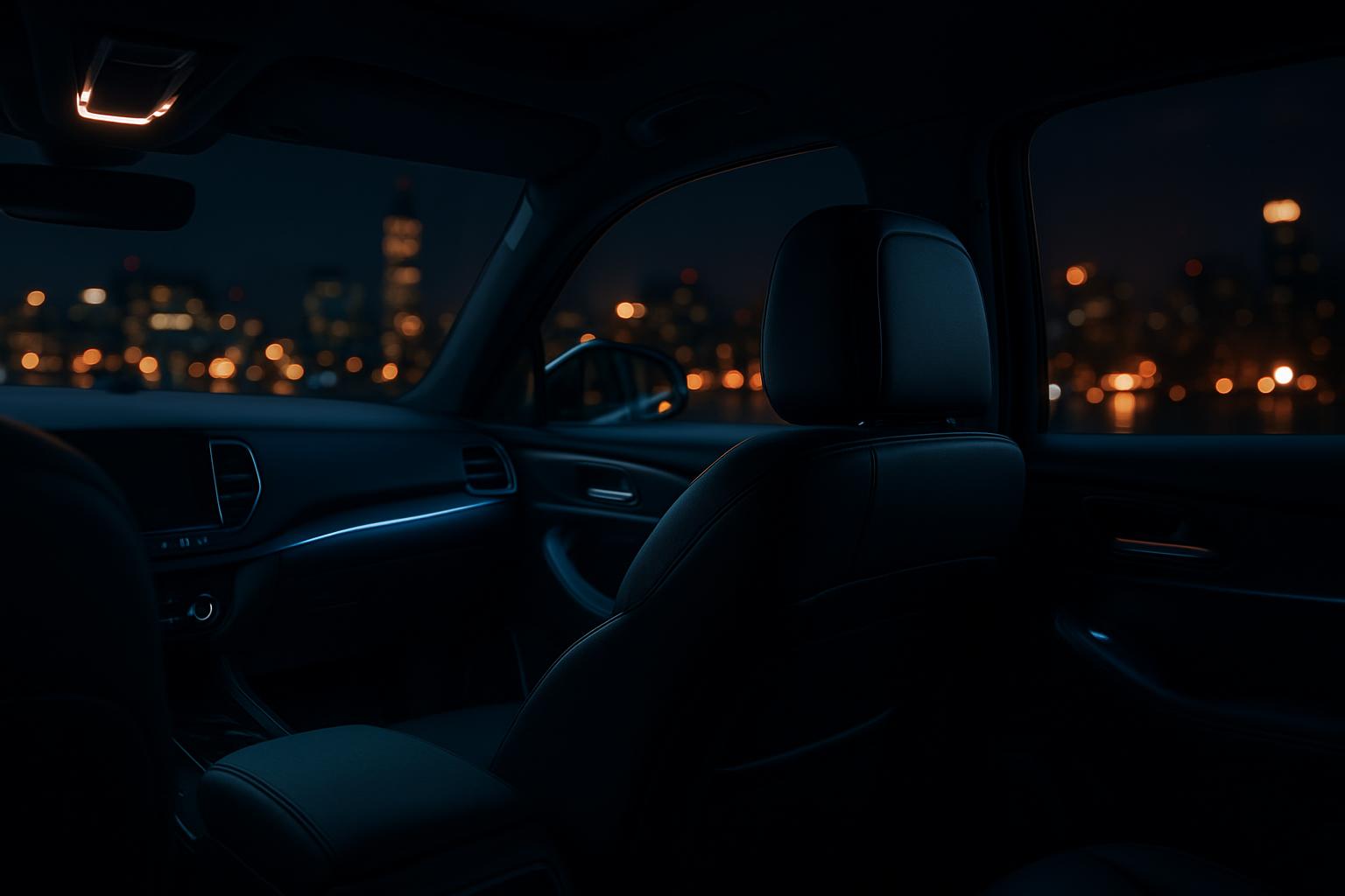 Passenger view from inside premium SUV at night