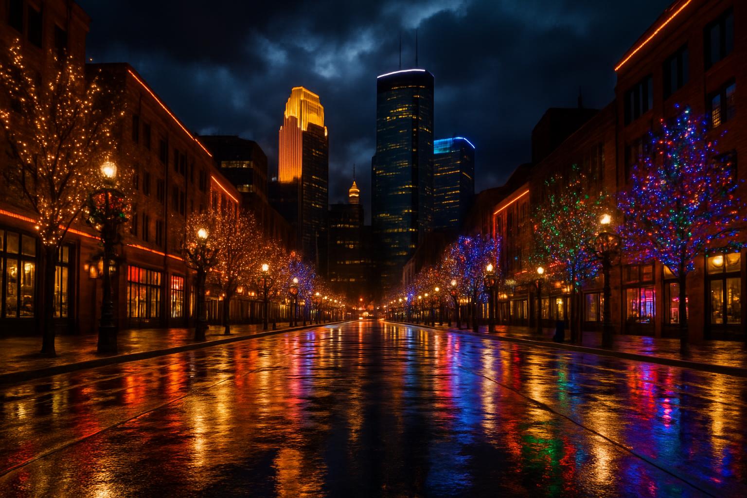 Minneapolis night cityscape with festive lights