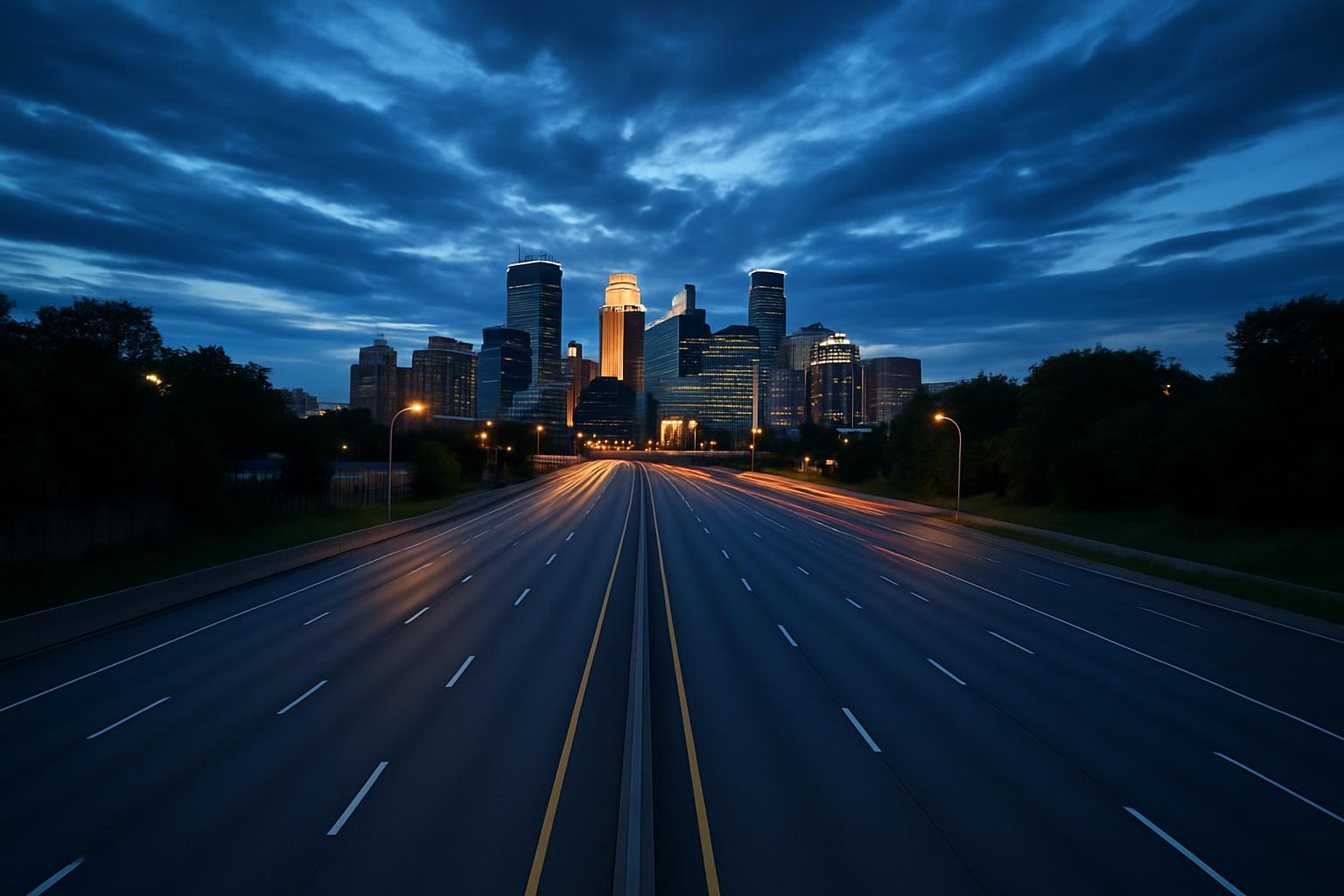 Highway toward Minneapolis skyline at blue hour