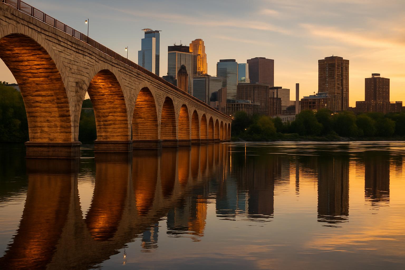 Stone Arch Bridge Minneapolis at golden hour