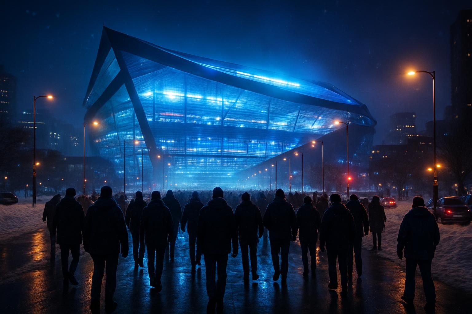 Fans approaching illuminated stadium at night